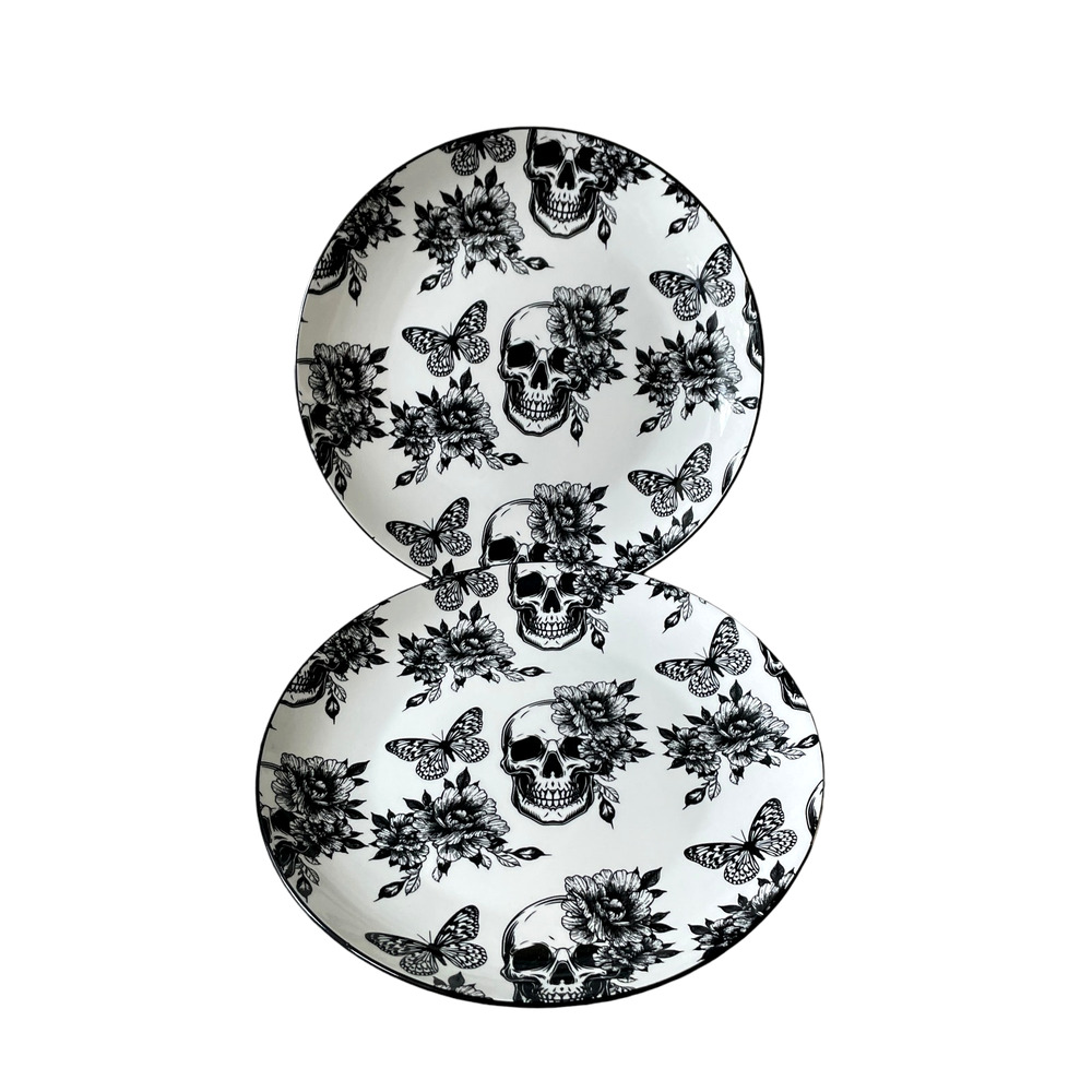 4pc ZRIKE Halloween Skull & Butterfly Dinner Plates 10.5" Ceramic Black & White